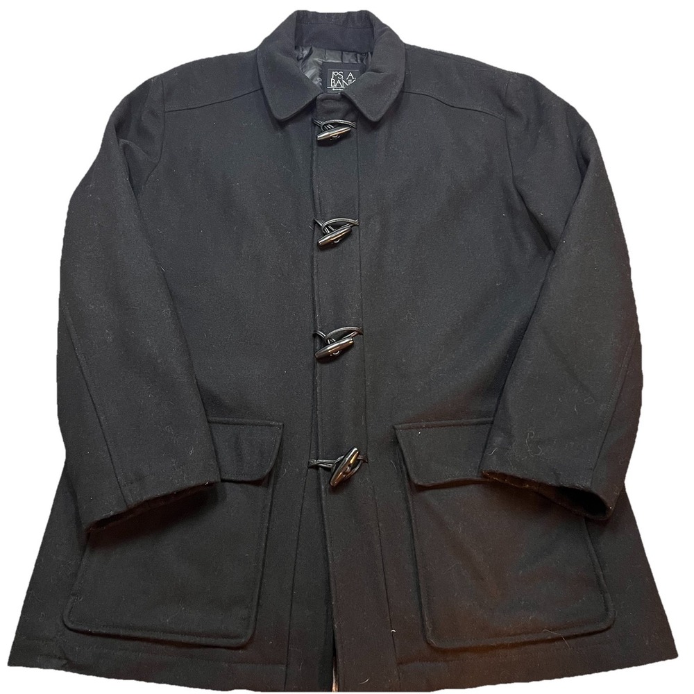 Jos A Bank Mens XL Quilted Duffle Coat Toggle Full Zip Jacket Coat Black Wool